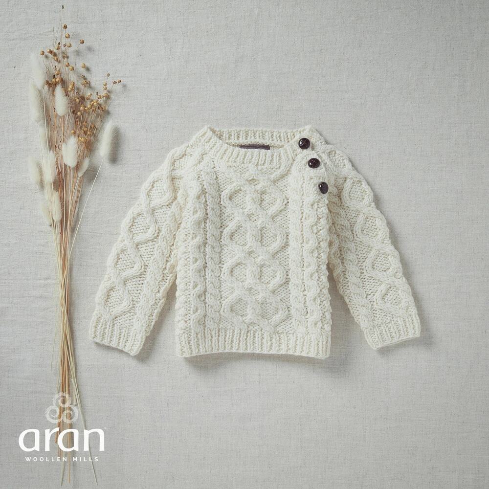 Aran Sweater Market 100% Merino Wool Sweater Shoulder Buttons Baby Size Small - Picture 13 of 15